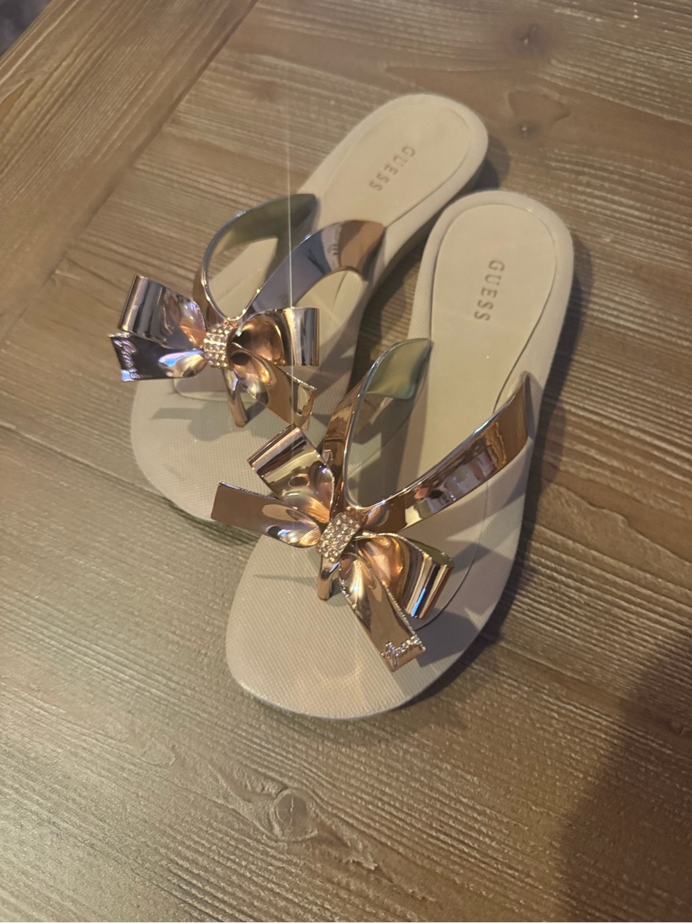 GUESS Rose Gold Metallic Bow Slide Sandals